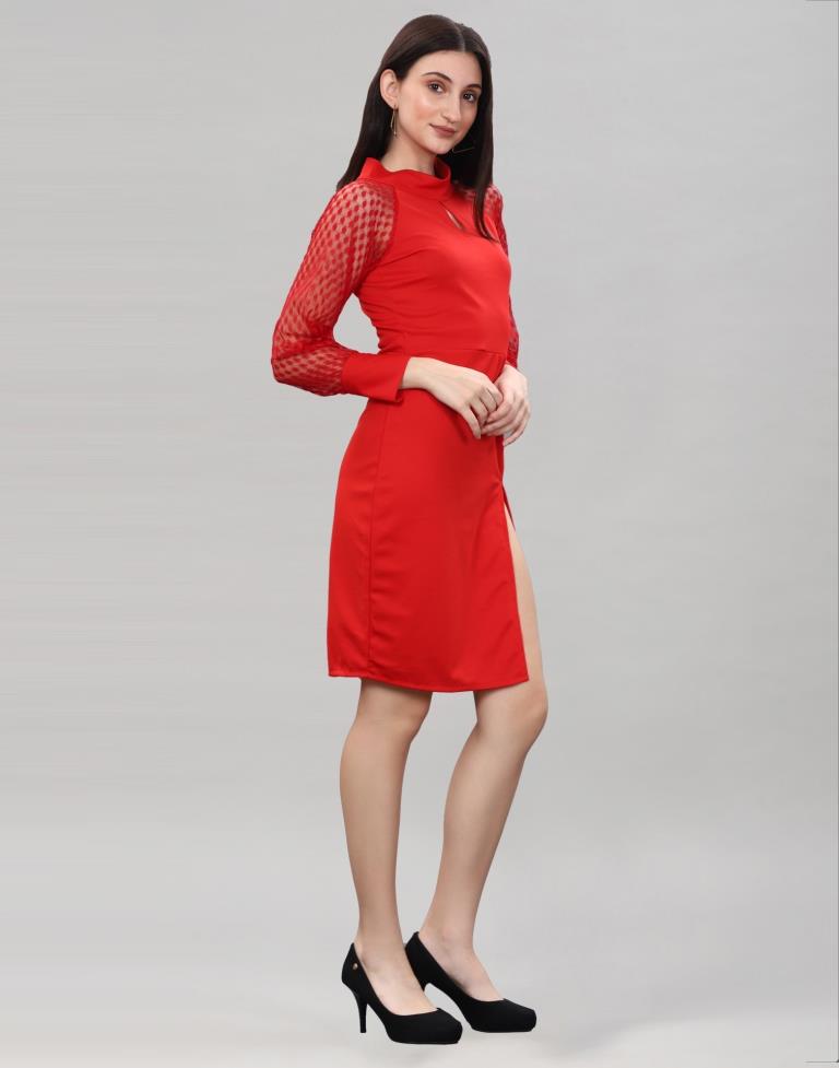 Red Coloured Lycra Knitted bodycon dress | Leemboodi