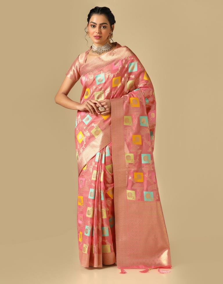 Coral Pink Banarasi Silk Saree | Leemboodi