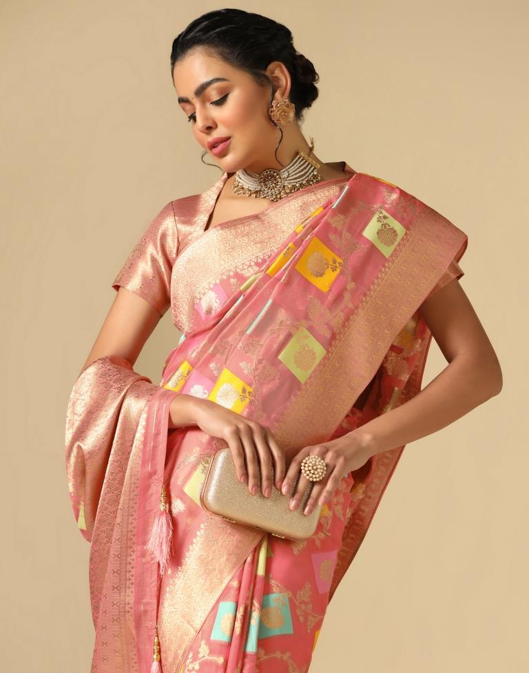 Coral Pink Banarasi Silk Saree | Leemboodi