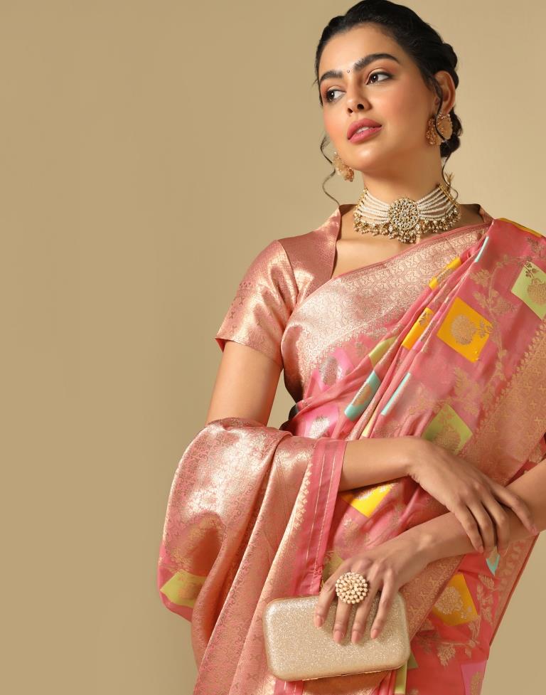 Coral Pink Banarasi Silk Saree | Leemboodi