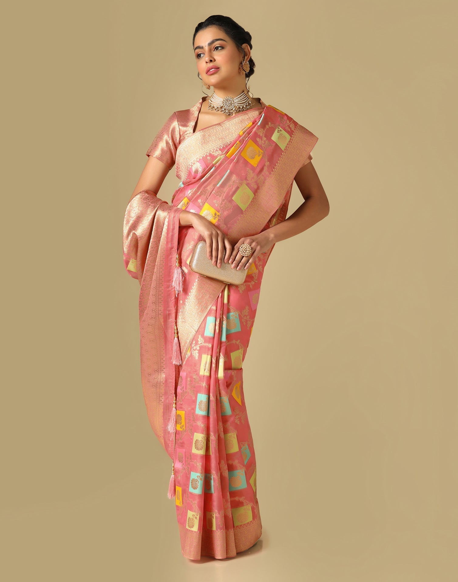 Coral Pink Banarasi Silk Saree | Leemboodi