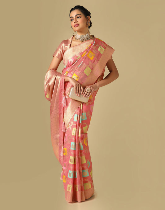 Coral Pink Banarasi Silk Saree | Leemboodi