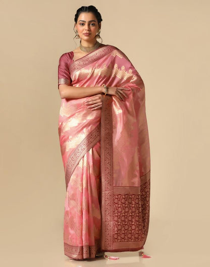 Coral Pink Banarasi Silk Saree | Leemboodi