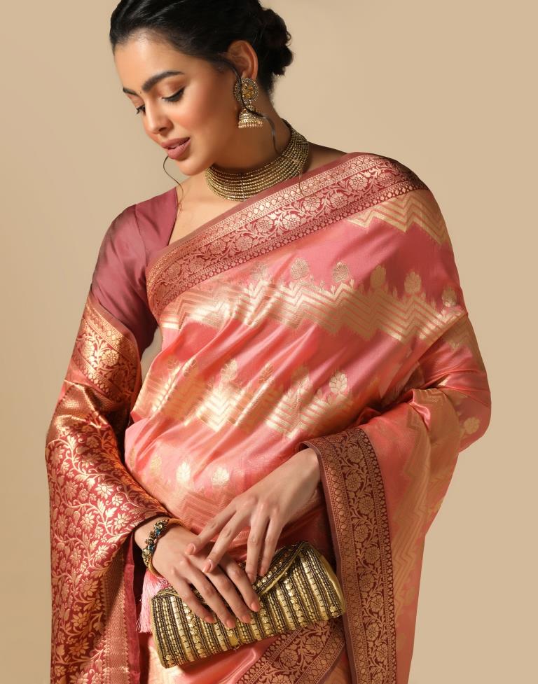 Coral Pink Banarasi Silk Saree | Leemboodi