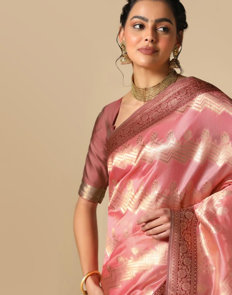 Coral Pink Banarasi Silk Saree | Leemboodi