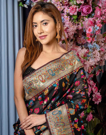 Black Silk Kashmiri Saree