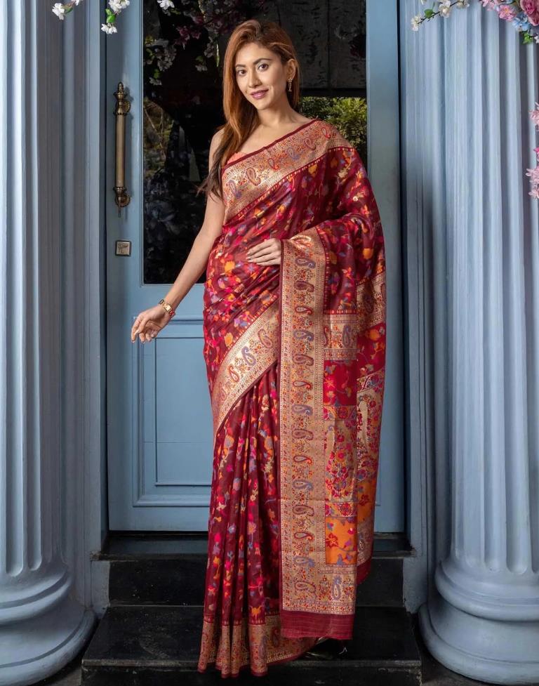 Maroon Silk Kashmiri Saree