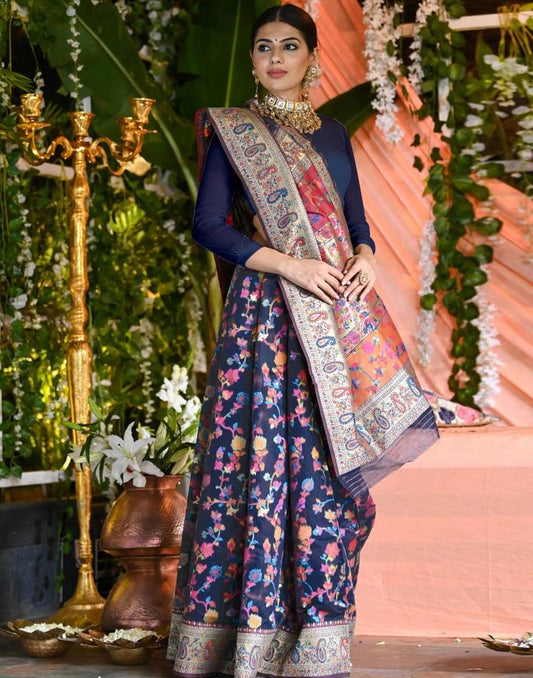 Navy Blue Silk Kashmiri Saree