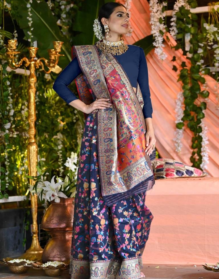 Navy Blue Silk Kashmiri Saree