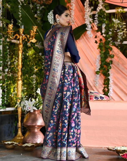 Navy Blue Silk Kashmiri Saree