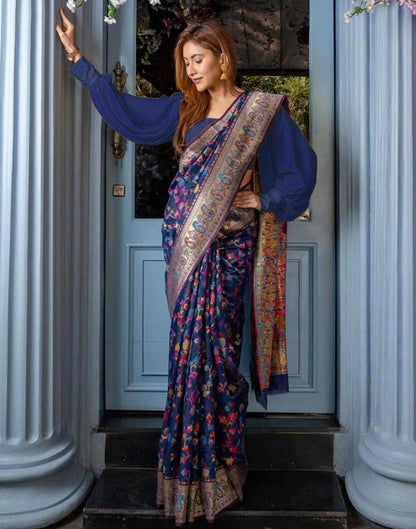 Navy Blue Silk Kashmiri Saree