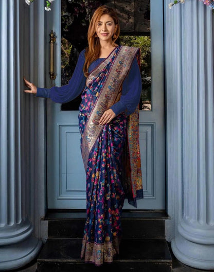 Navy Blue Silk Kashmiri Saree