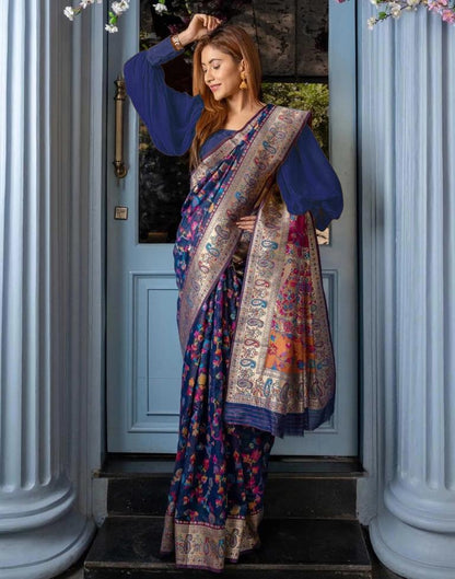 Navy Blue Silk Kashmiri Saree