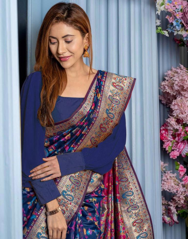 Navy Blue Silk Kashmiri Saree