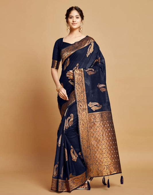 Navy Blue Linen Saree | Leemboodi