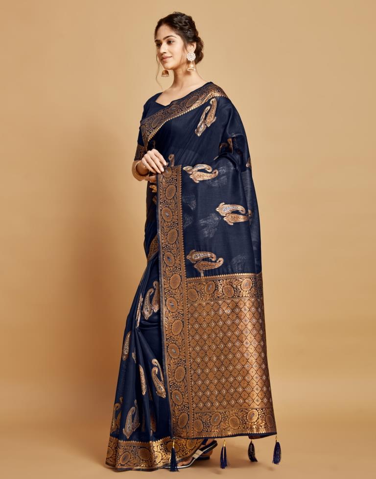Navy Blue Linen Saree | Leemboodi