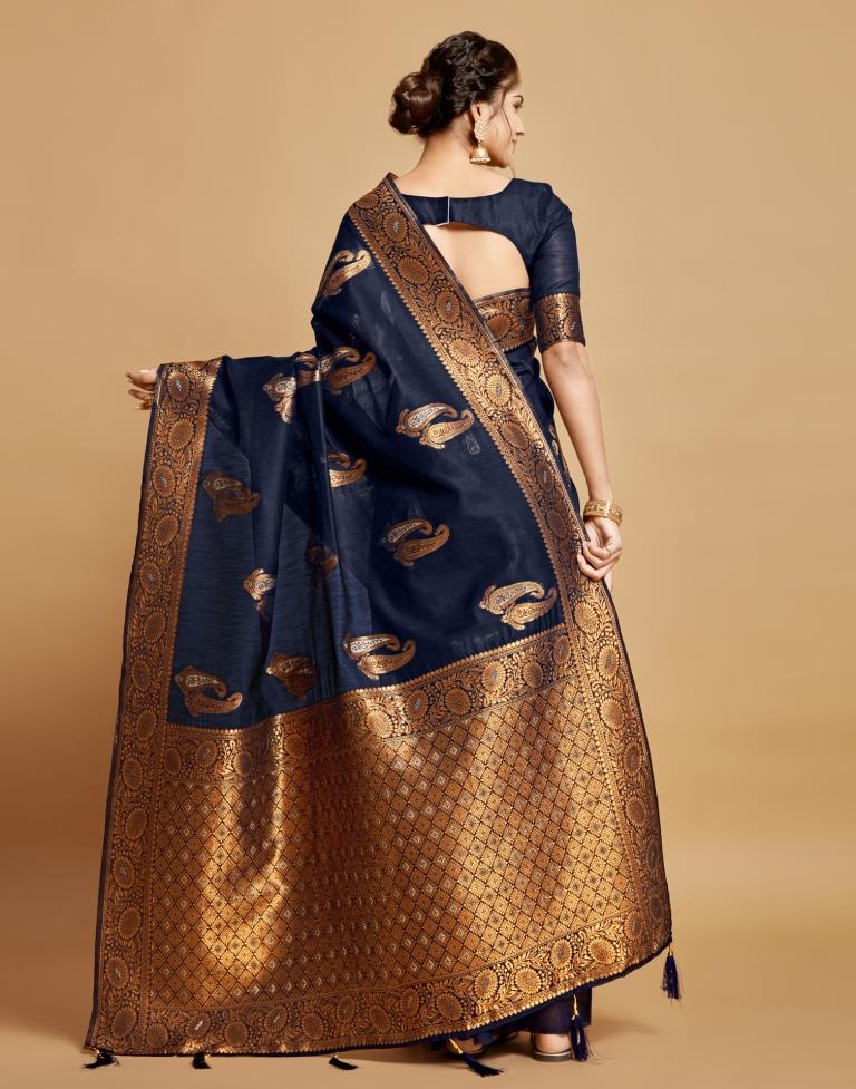 Navy Blue Linen Saree | Leemboodi