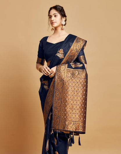Navy Blue Linen Saree | Leemboodi