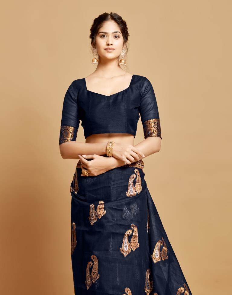 Navy Blue Linen Saree | Leemboodi