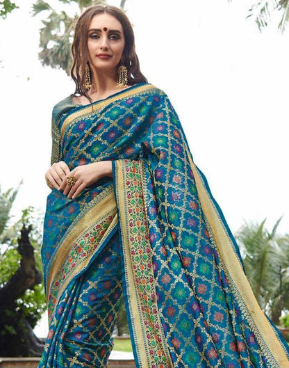 Teal Blue Patola Silk Saree | Leemboodi