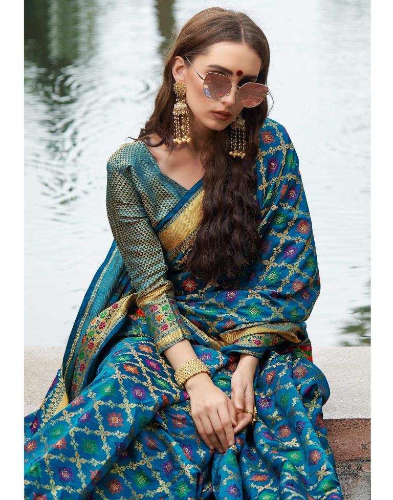 Teal Blue Patola Silk Saree | Leemboodi