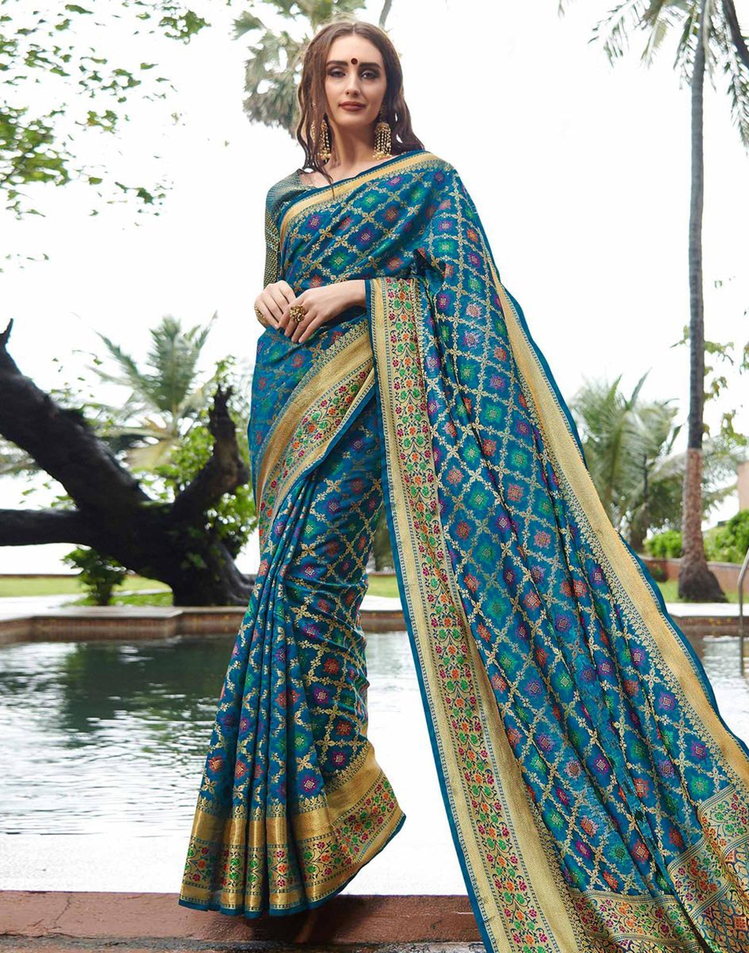 Teal Blue Patola Silk Saree | Leemboodi
