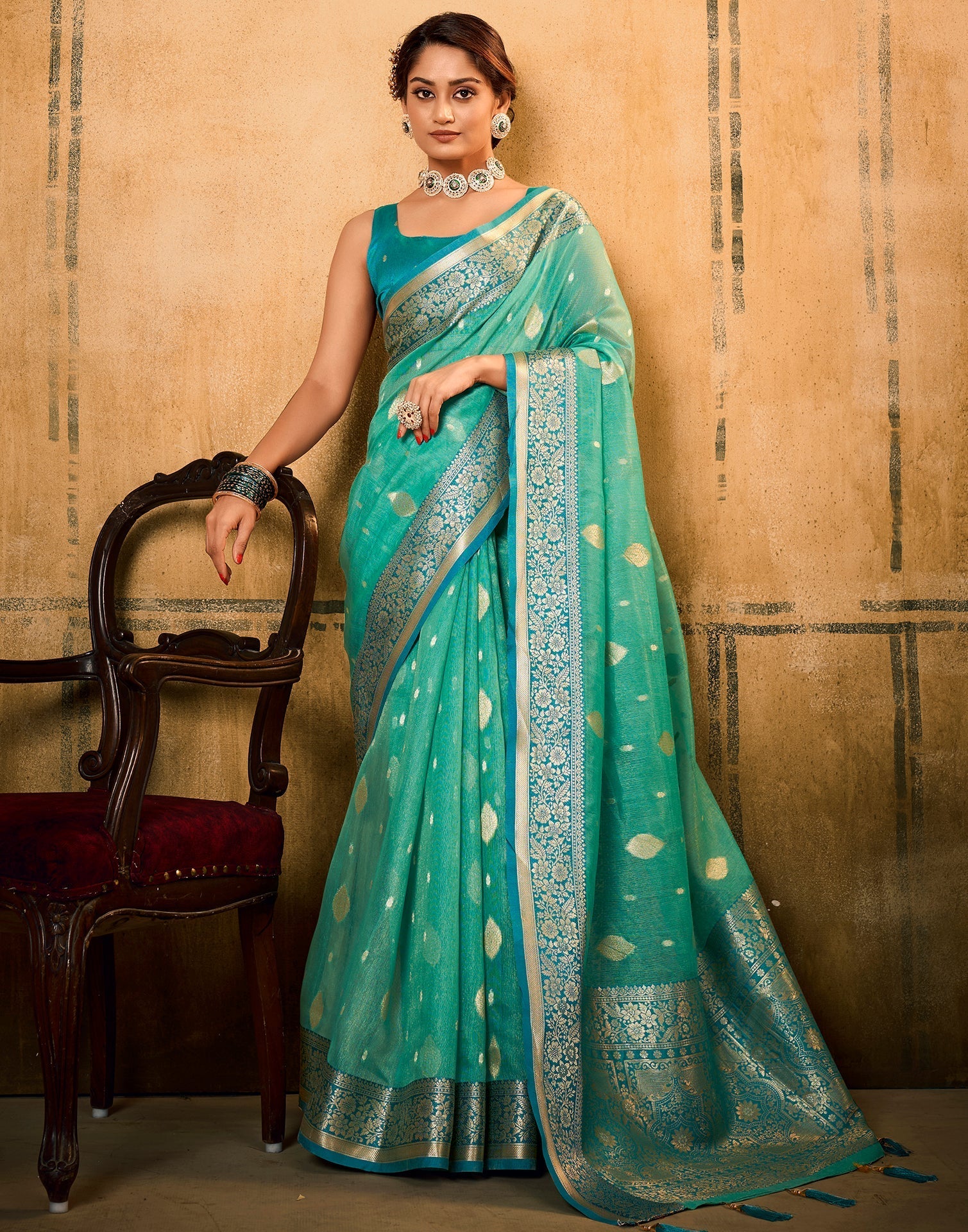Turquoise Green Silk Saree | Leemboodi