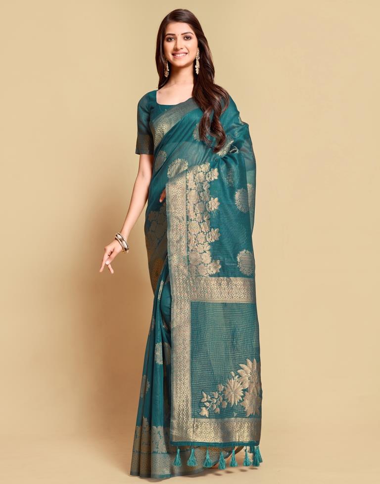 Dark Teal Tassel Saree | Leemboodi