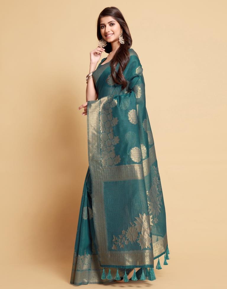 Dark Teal Tassel Saree | Leemboodi