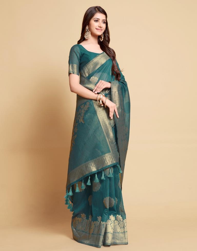 Dark Teal Tassel Saree | Leemboodi