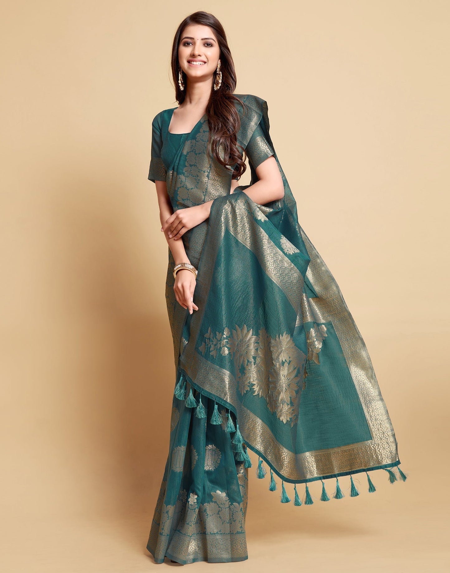 Dark Teal Tassel Saree | Leemboodi