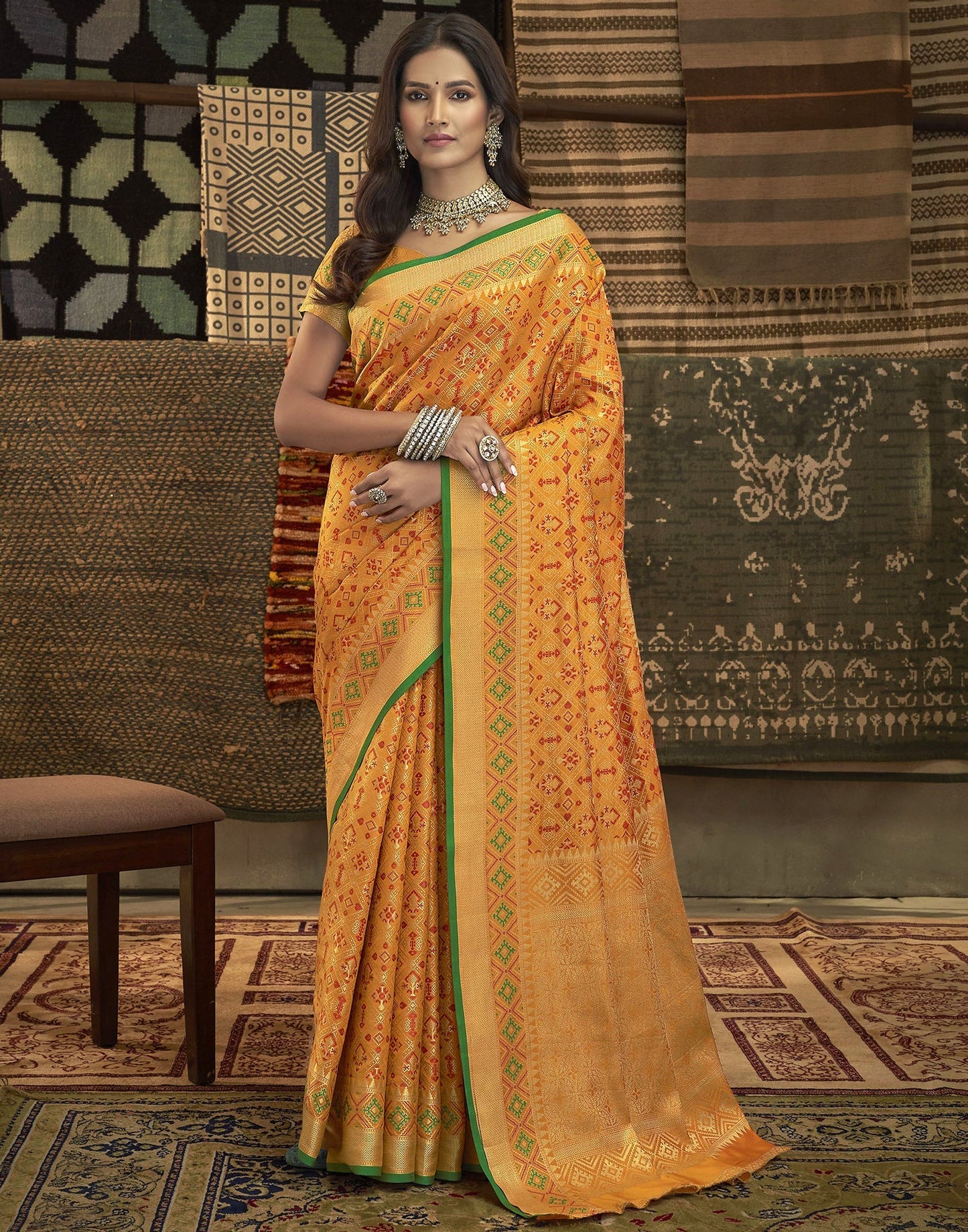 Mustard Yellow Patola Silk Saree | Leemboodi