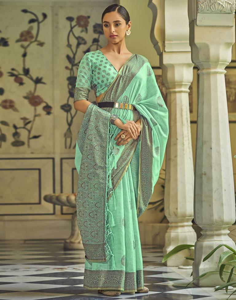 Turquoise Linen Saree | Leemboodi