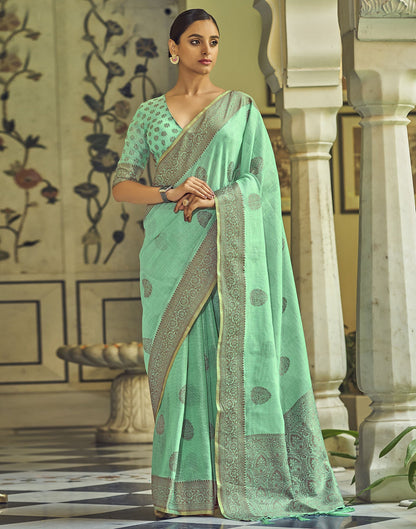 Turquoise Linen Saree | Leemboodi