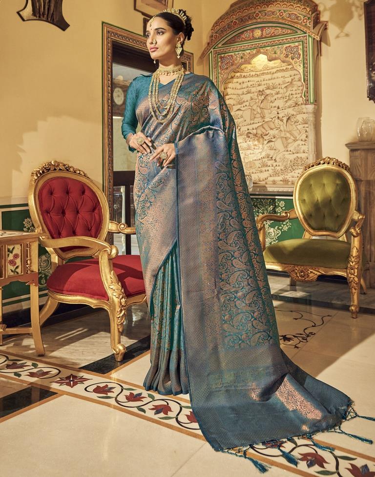 Teal Green Kanjivaram Handloom Weaving Silk Saree | Leemboodi