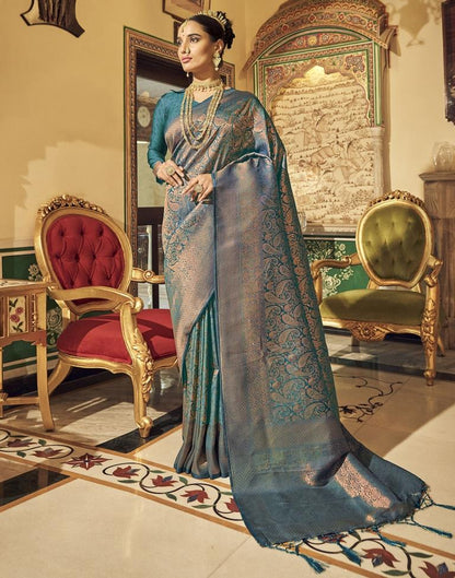 Teal Green Kanjivaram Handloom Weaving Silk Saree | Leemboodi