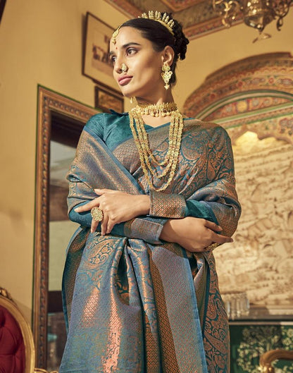 Teal Green Kanjivaram Handloom Weaving Silk Saree | Leemboodi