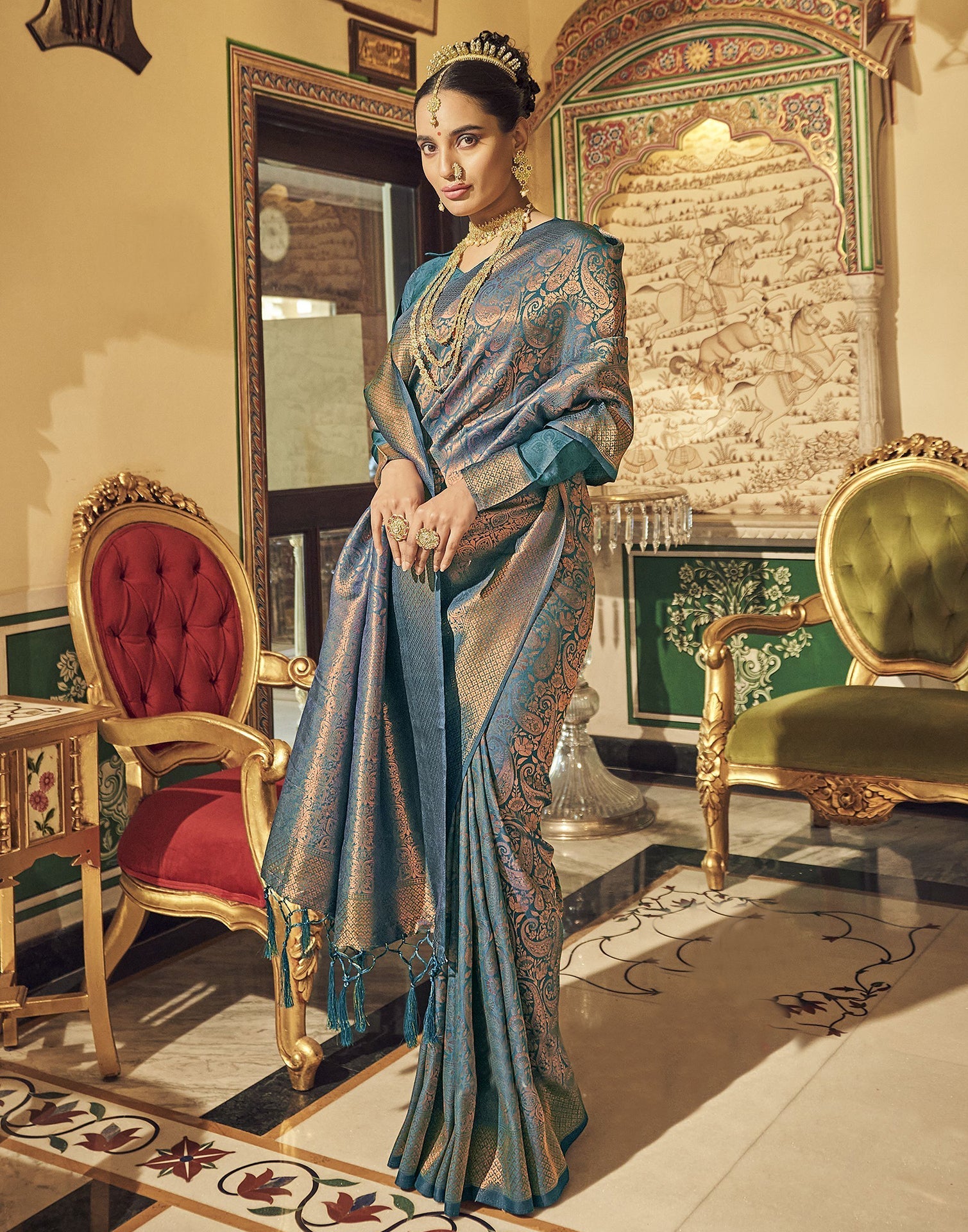 Teal Green Kanjivaram Handloom Weaving Silk Saree | Leemboodi