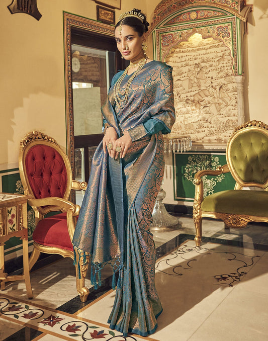 Teal Green Kanjivaram Handloom Weaving Silk Saree | Leemboodi