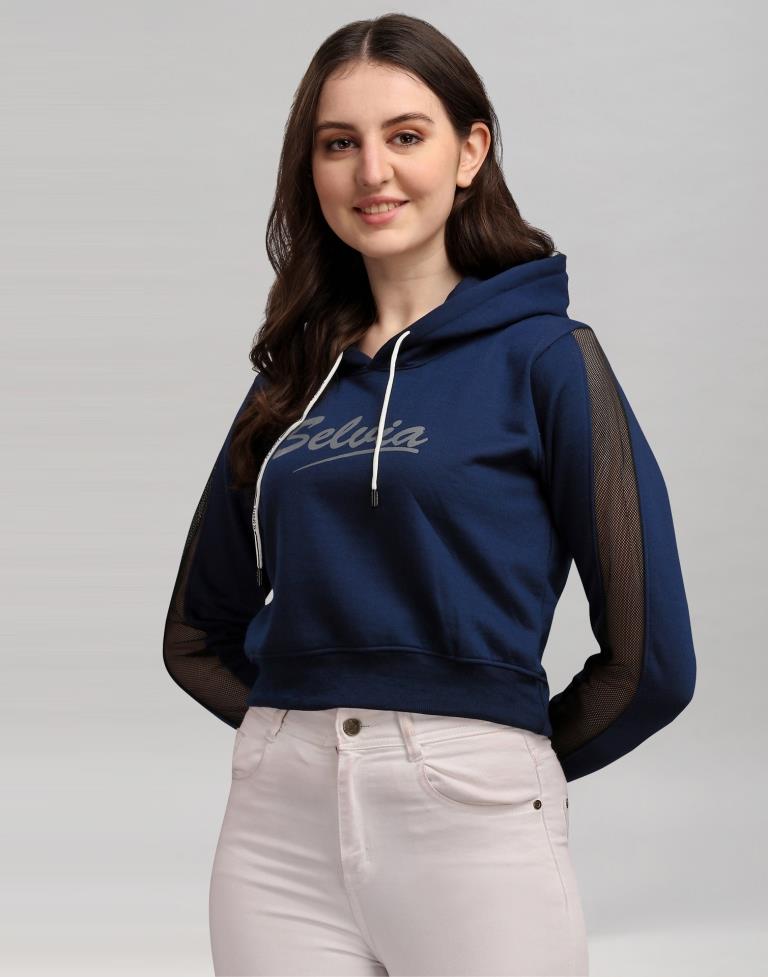 Navy Blue Coloured Cotton Fleece Blend Plain Hoodie | Sudathi