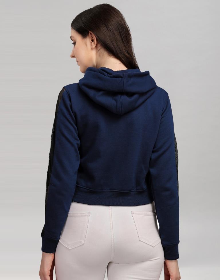 Navy Blue Coloured Cotton Fleece Blend Plain Hoodie | Sudathi