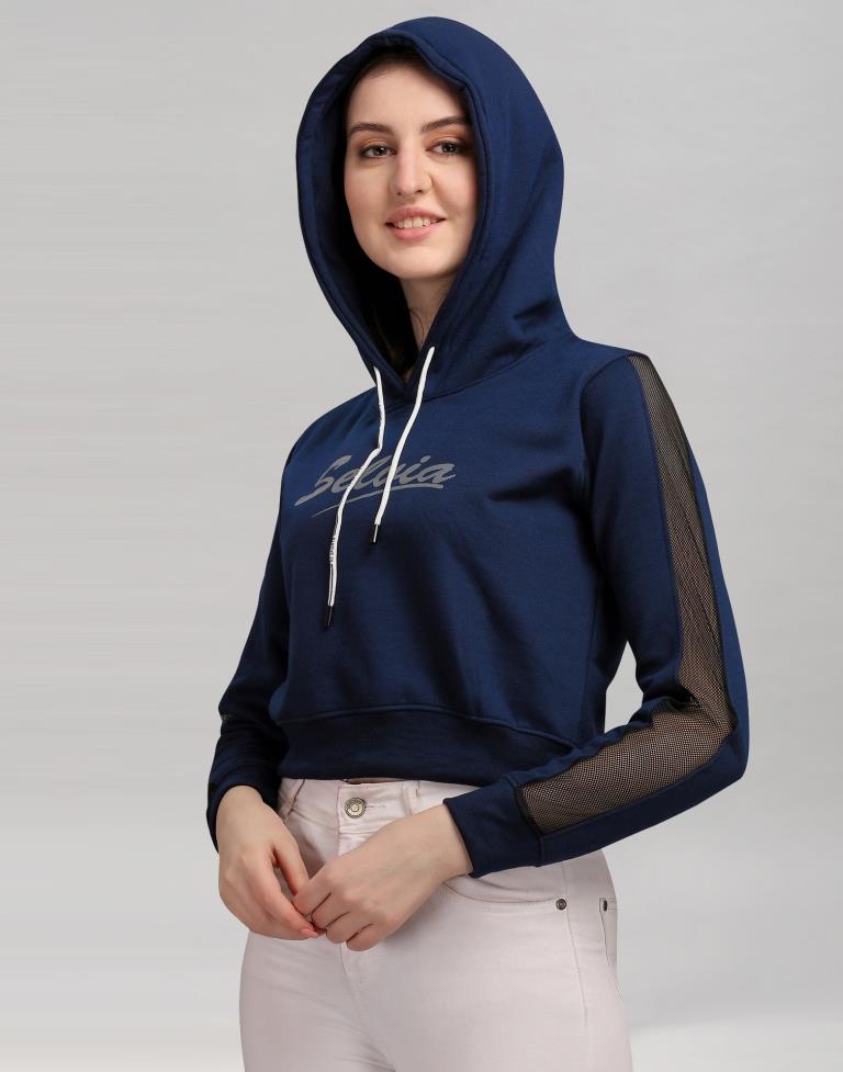 Navy Blue Coloured Cotton Fleece Blend Plain Hoodie | Sudathi