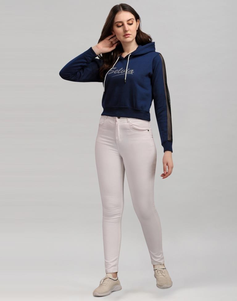 Navy Blue Coloured Cotton Fleece Blend Plain Hoodie | Sudathi