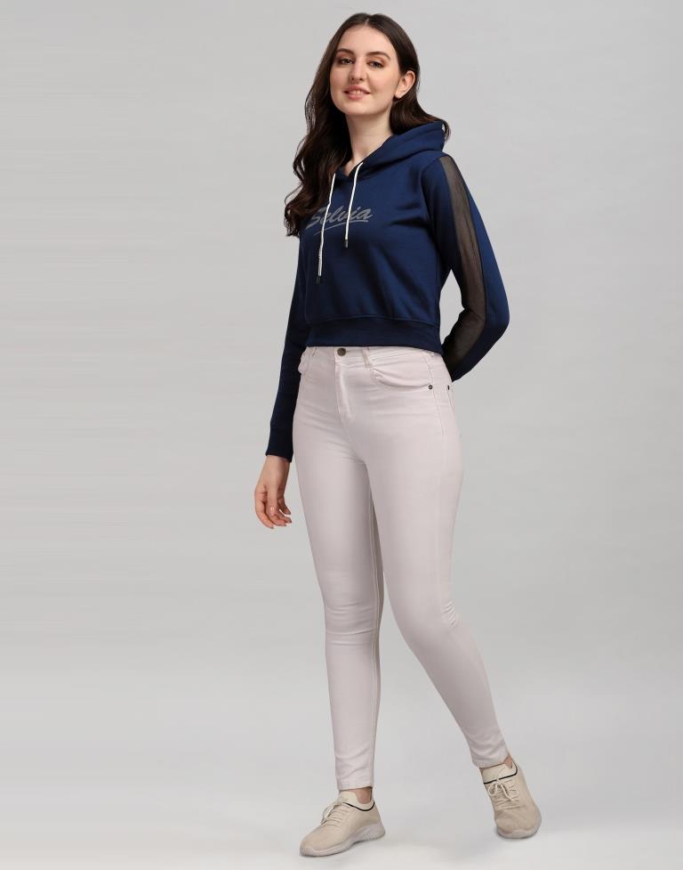 Navy Blue Coloured Cotton Fleece Blend Plain Hoodie | Sudathi