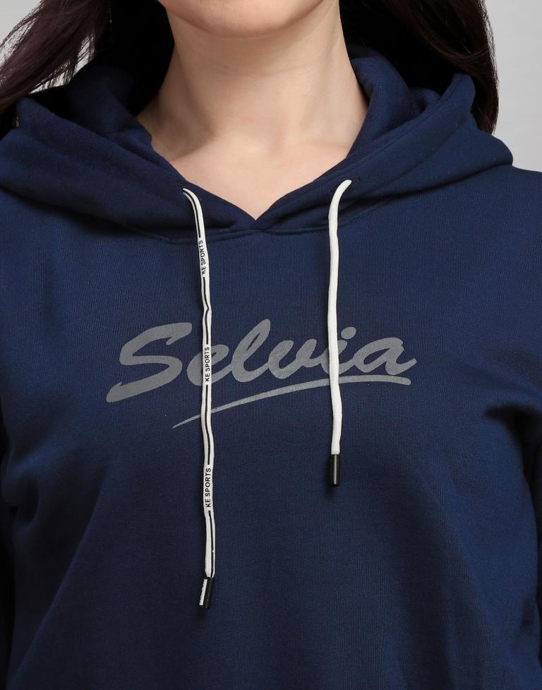 Navy Blue Coloured Cotton Fleece Blend Plain Hoodie | Sudathi