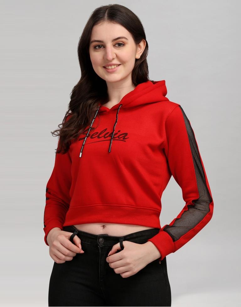 Red Coloured Cotton Fleece Blend Plain Hoodie | Sudathi
