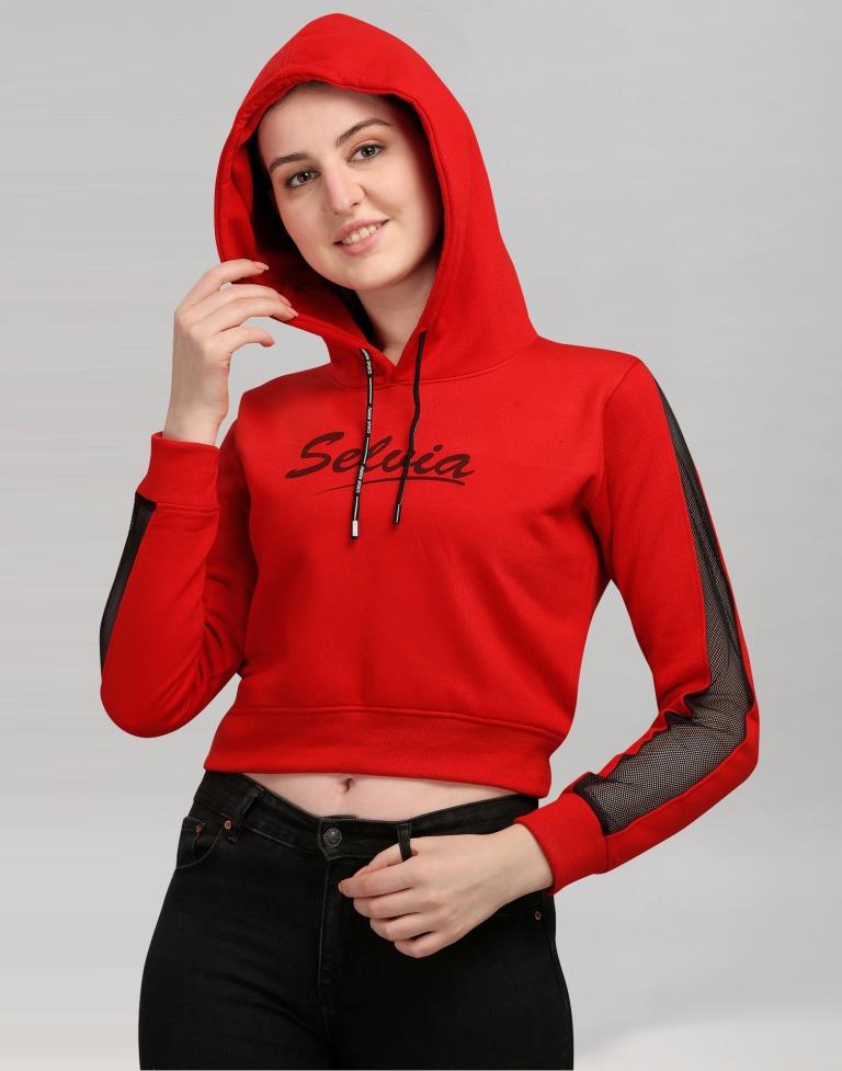 Red Coloured Cotton Fleece Blend Plain Hoodie | Sudathi