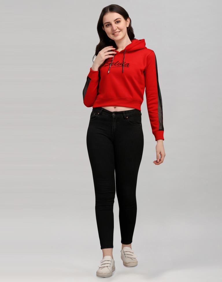 Red Coloured Cotton Fleece Blend Plain Hoodie | Sudathi