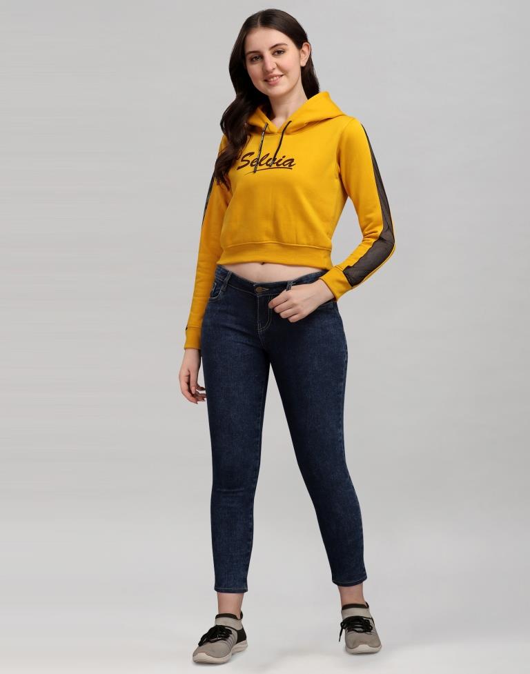 Turmeric Yellow Coloured Cotton Fleece Blend Plain Hoodie | Sudathi