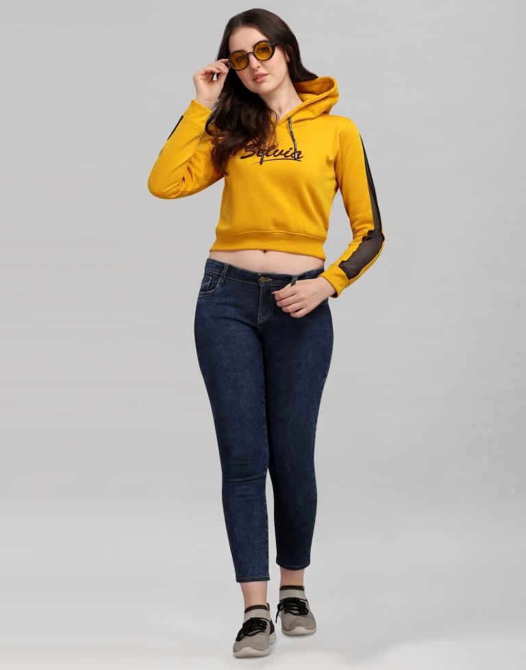 Turmeric Yellow Coloured Cotton Fleece Blend Plain Hoodie | Sudathi
